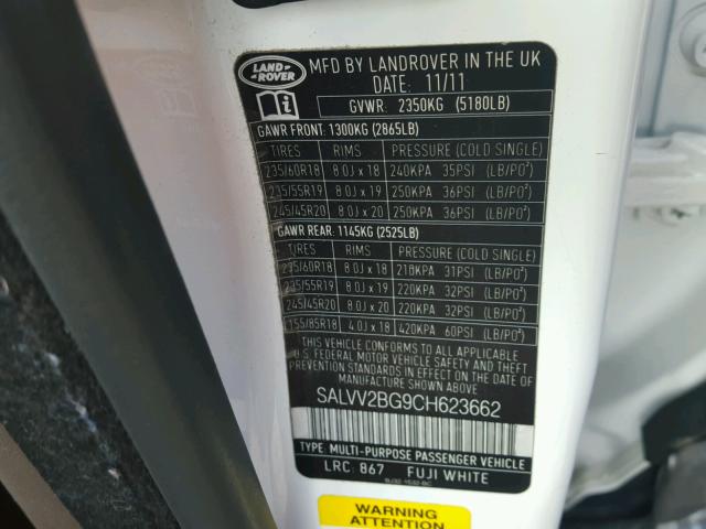 SALVV2BG9CH623662 - 2012 LAND ROVER RANGE ROVE WHITE photo 10