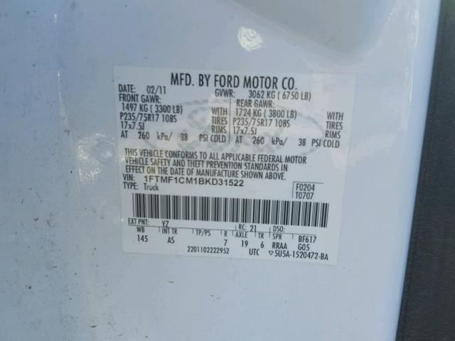 1FTMF1CM1BKD31522 - 2011 FORD F150 WHITE photo 10