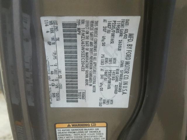 1FMZU63W52ZC20422 - 2002 FORD EXPLORER X TAN photo 10