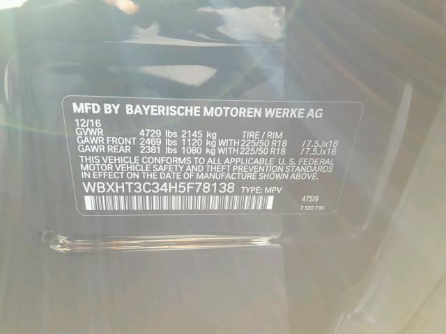 WBXHT3C34H5F78138 - 2017 BMW X1 XDRIVE2 BLACK photo 10