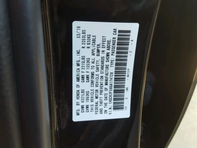 1HGCR2F58GA174728 - 2016 HONDA ACCORD SPO BLACK photo 10