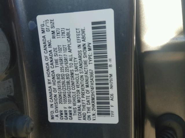 2HKRM3H74FH543667 - 2015 HONDA CR-V EXL GRAY photo 10