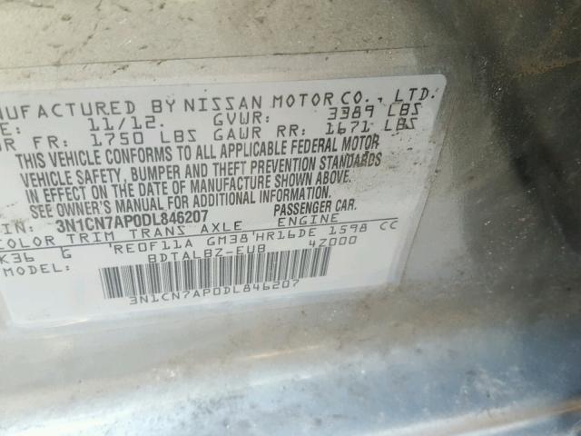 3N1CN7AP0DL846207 - 2013 NISSAN VERSA S GRAY photo 10