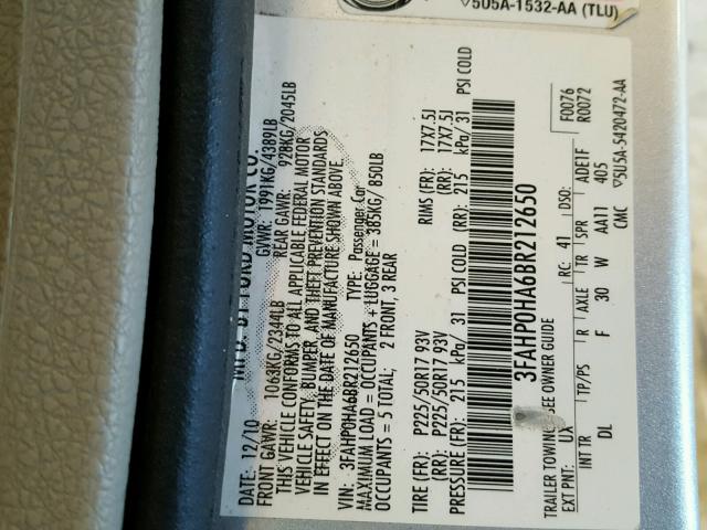 3FAHP0HA6BR212650 - 2011 FORD FUSION SE SILVER photo 10