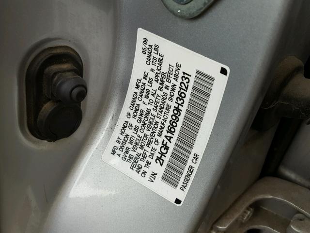 2HGFA16699H361231 - 2009 HONDA CIVIC SILVER photo 10