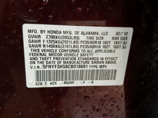 5FNYF3H58CB018691 - 2012 HONDA PILOT EXL MAROON photo 10