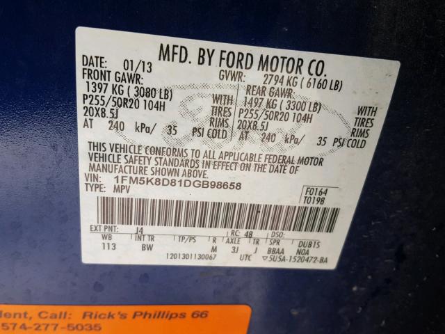 1FM5K8D81DGB98658 - 2013 FORD EXPLORER X BLUE photo 10