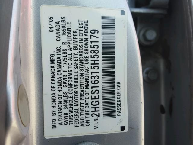 2HGES16315H585179 - 2005 HONDA CIVIC DX V SILVER photo 10