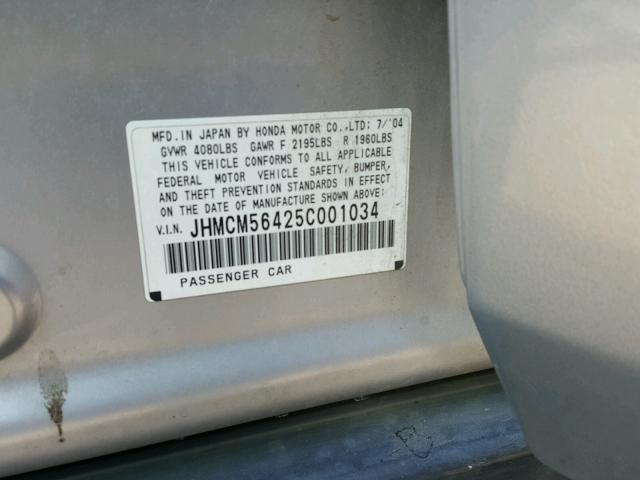 JHMCM56425C001034 - 2005 HONDA ACCORD LX SILVER photo 10