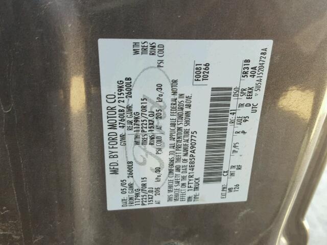 1FTYR14E85PA90775 - 2005 FORD RANGER SUP GRAY photo 10