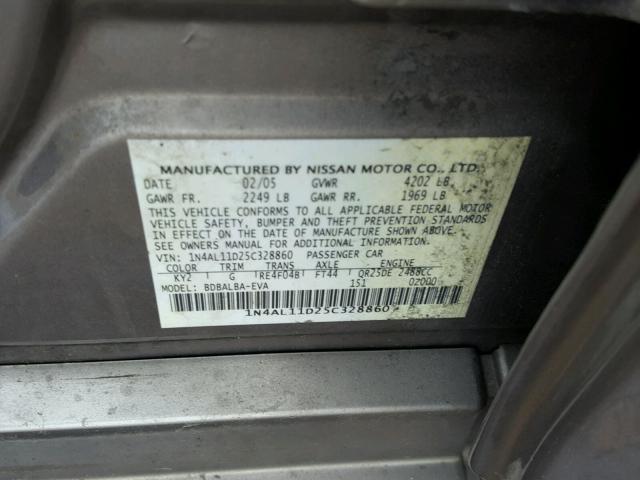 1N4AL11D25C328860 - 2005 NISSAN ALTIMA S SILVER photo 10