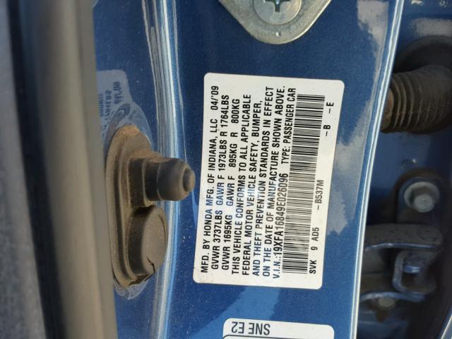 19XFA16849E026096 - 2009 HONDA CIVIC EX BLUE photo 10