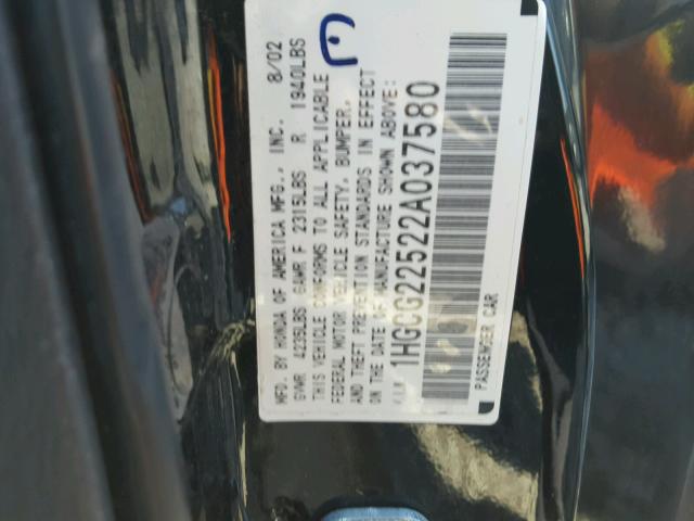 1HGCG22522A037580 - 2002 HONDA ACCORD EX BLACK photo 10