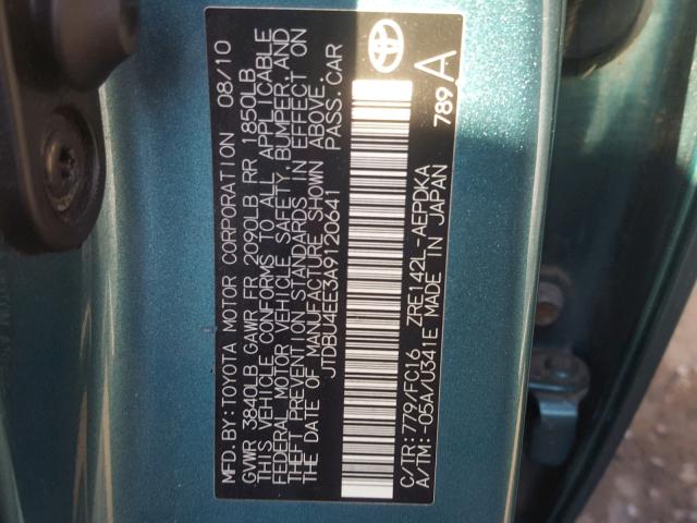 JTDBU4EE3A9120641 - 2010 TOYOTA COROLLA BA TEAL photo 10