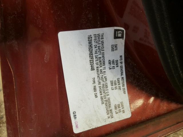 1G3WH52H82F233448 - 2002 OLDSMOBILE INTRIGUE G BURGUNDY photo 10