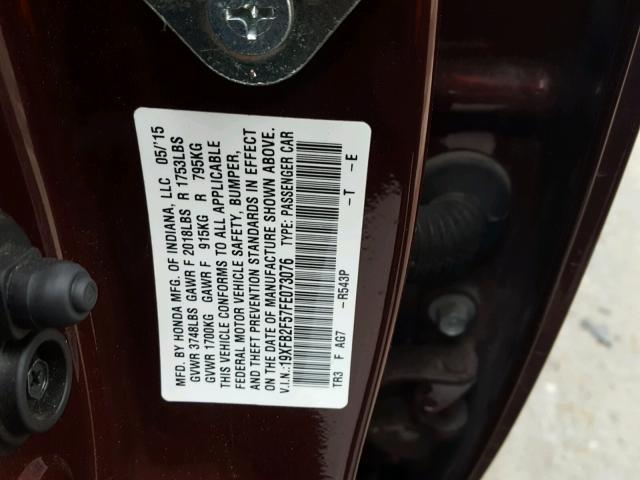 19XFB2F57FE073076 - 2015 HONDA CIVIC LX MAROON photo 10