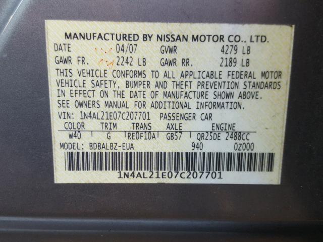 1N4AL21E07C207701 - 2007 NISSAN ALTIMA 2.5 SILVER photo 10