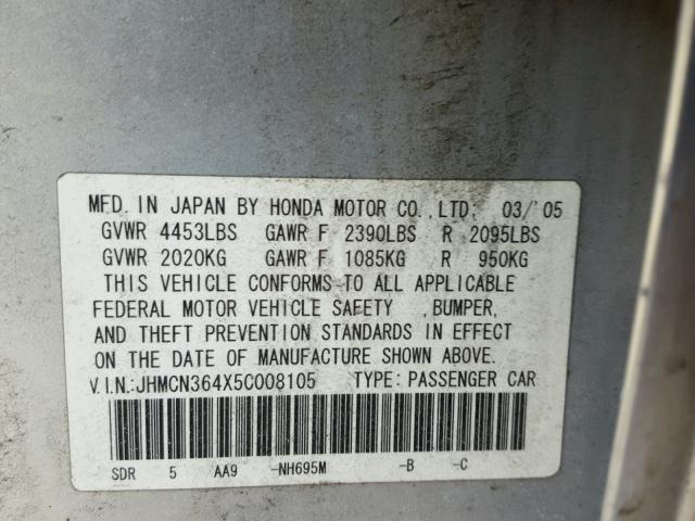 JHMCN364X5C008105 - 2005 HONDA ACCORD HYB SILVER photo 10