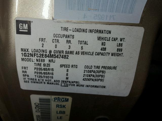 1G2NF52E84M547482 - 2004 PONTIAC GRAND AM S ოქროსფერი ფოტო 10