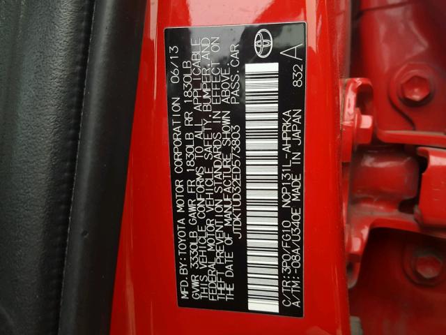 JTDKTUD32ED573803 - 2014 TOYOTA YARIS RED photo 10