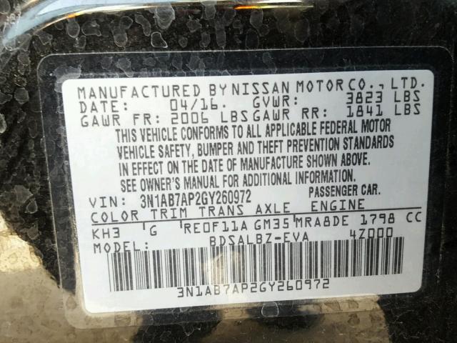 3N1AB7AP2GY260972 - 2016 NISSAN SENTRA S BLACK photo 10