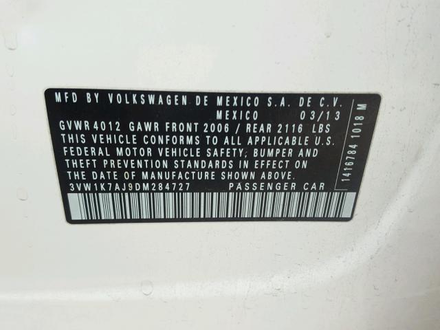 3VW1K7AJ9DM284727 - 2013 VOLKSWAGEN JETTA BASE 白色 照片 10