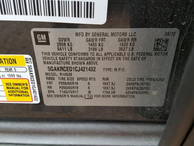 5GAKRCED1CJ421432 - 2012 BUICK ENCLAVE GRAY photo 10