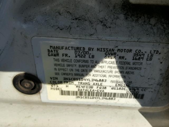 3N1CB51D4YL346883 - 2000 NISSAN SENTRA BAS WHITE photo 10