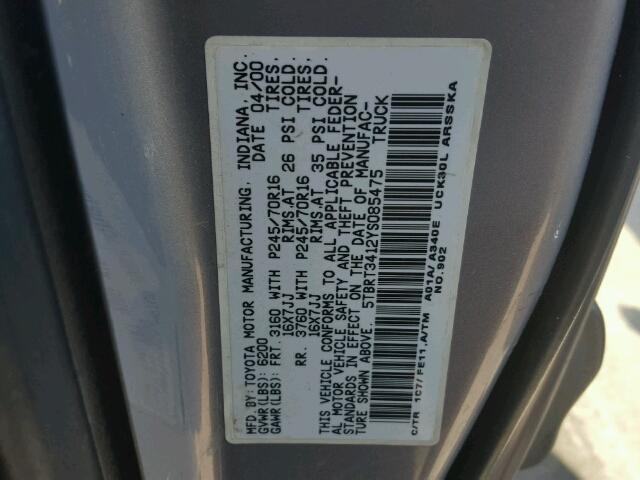 5TBRT3412YS085475 - 2000 TOYOTA TUNDRA ACC GRAY photo 10