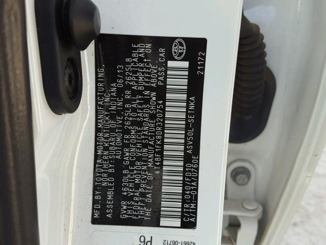 4T4BF1FK8DR320754 - 2013 TOYOTA CAMRY L WHITE photo 10