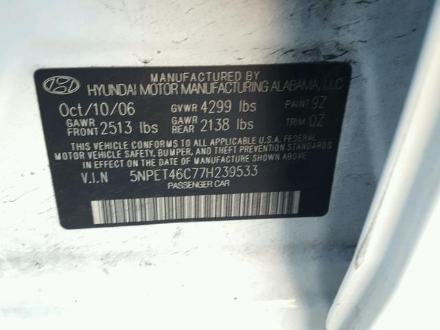 5NPET46C77H239533 - 2007 HYUNDAI SONATA GLS WHITE photo 10