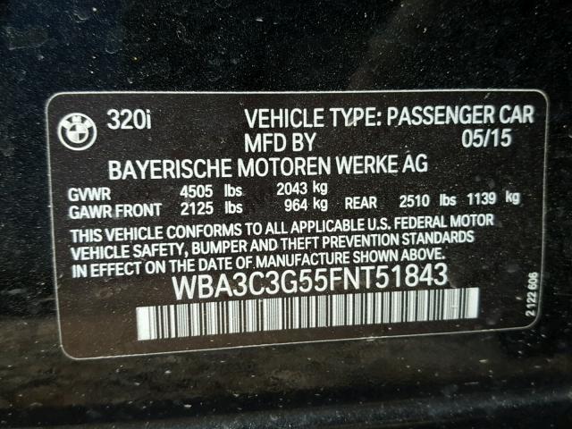 WBA3C3G55FNT51843 - 2015 BMW 320 I BLACK photo 10