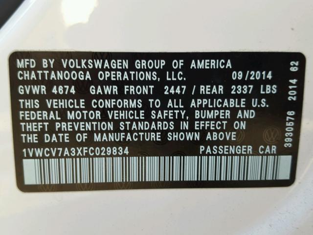 1VWCV7A3XFC029834 - 2015 VOLKSWAGEN PASSAT SEL WHITE photo 10