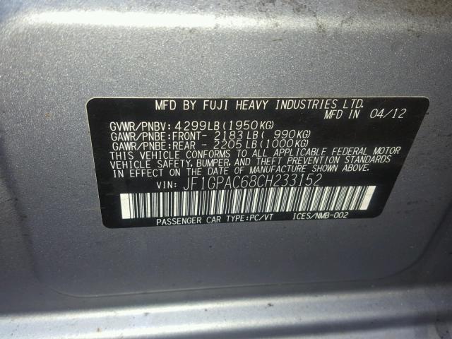 JF1GPAC68CH233152 - 2012 SUBARU IMPREZA PR SILVER photo 10