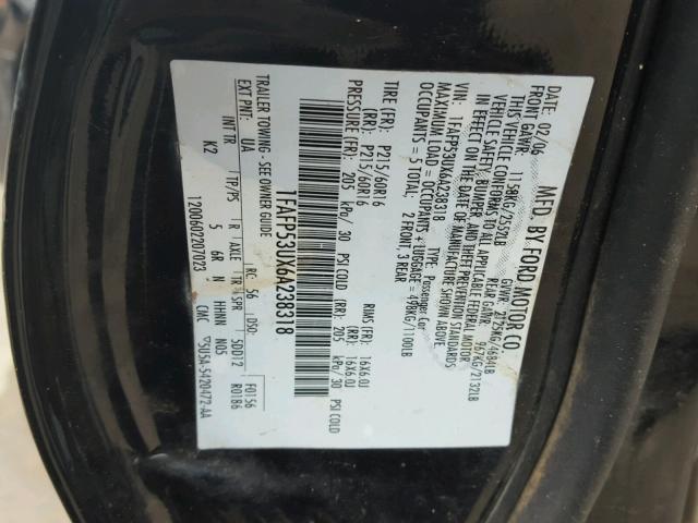 1FAFP53UX6A238318 - 2006 FORD TAURUS SE BLACK photo 10