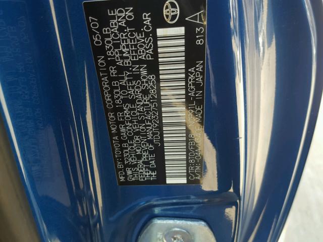 JTDJT923275128258 - 2007 TOYOTA YARIS BLUE photo 10