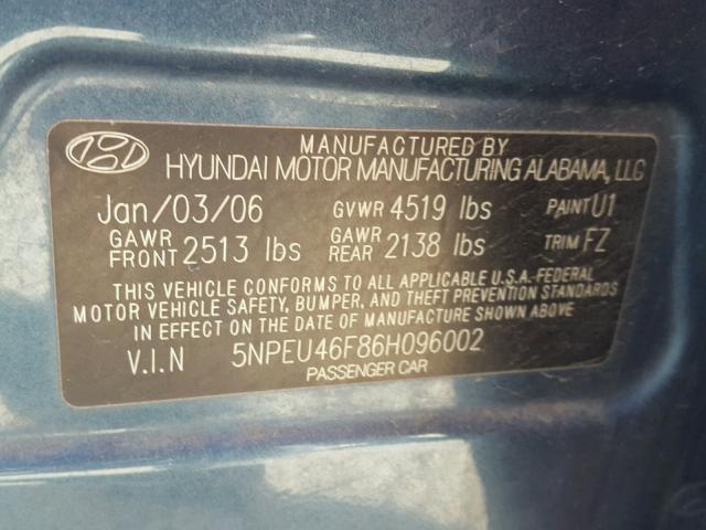 5NPEU46F86H096002 - 2006 HYUNDAI SONATA GLS BLUE photo 10