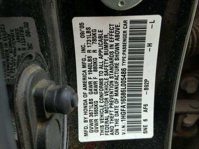 1HGFA16586L005486 - 2006 HONDA CIVIC LX BLACK photo 10