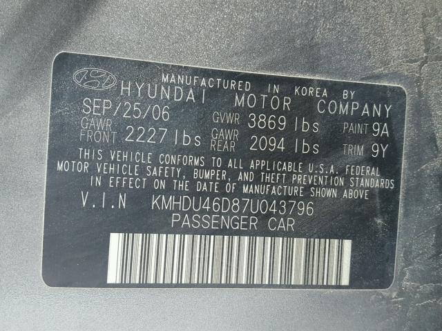 KMHDU46D87U043796 - 2007 HYUNDAI ELANTRA GL GRAY photo 10