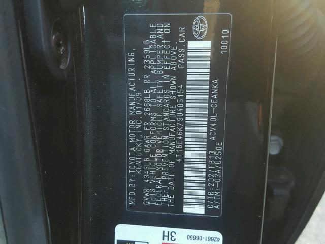 4T1BE46K79U405154 - 2009 TOYOTA CAMRY BASE BLACK photo 10