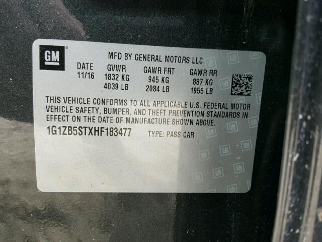 1G1ZB5STXHF183477 - 2017 CHEVROLET MALIBU LS ნაცრისფერი ფოტო 10