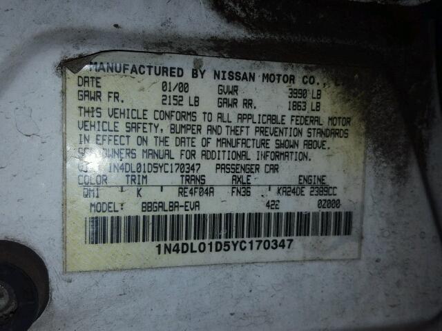 1N4DL01D5YC170347 - 2000 NISSAN ALTIMA XE WHITE photo 10