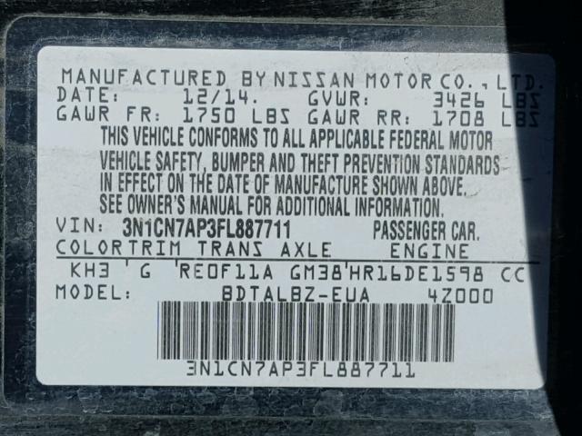 3N1CN7AP3FL887711 - 2015 NISSAN VERSA S BLACK photo 10