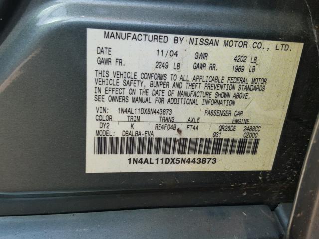 1N4AL11DX5N443873 - 2005 NISSAN ALTIMA S GREEN photo 10