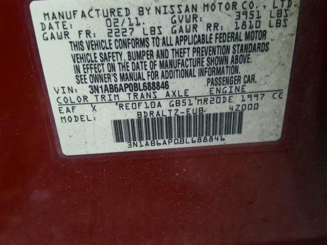 3N1AB6AP0BL688846 - 2011 NISSAN SENTRA 2.0 RED photo 10