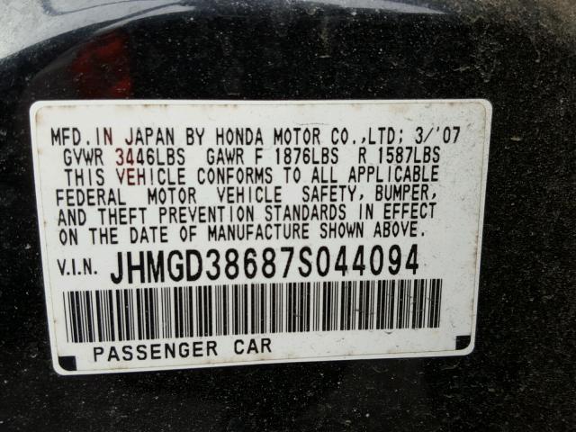 JHMGD38687S044094 - 2007 HONDA FIT S BLACK photo 10