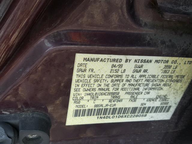 1N4DL01D6XC228058 - 1999 NISSAN ALTIMA XE PURPLE photo 10