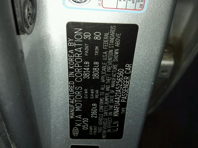 KNAFU4A21A5256560 - 2010 KIA FORTE EX SILVER photo 10