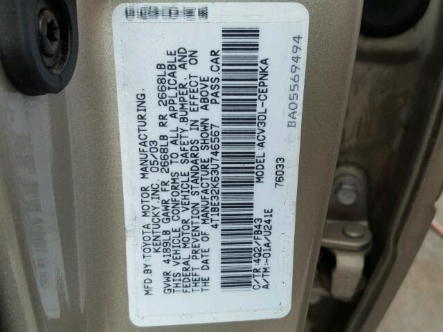 4T1BE32K63U746567 - 2003 TOYOTA CAMRY LE GOLD photo 10