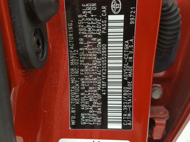 4T1BF1FK2CU552890 - 2012 TOYOTA CAMRY RED photo 10